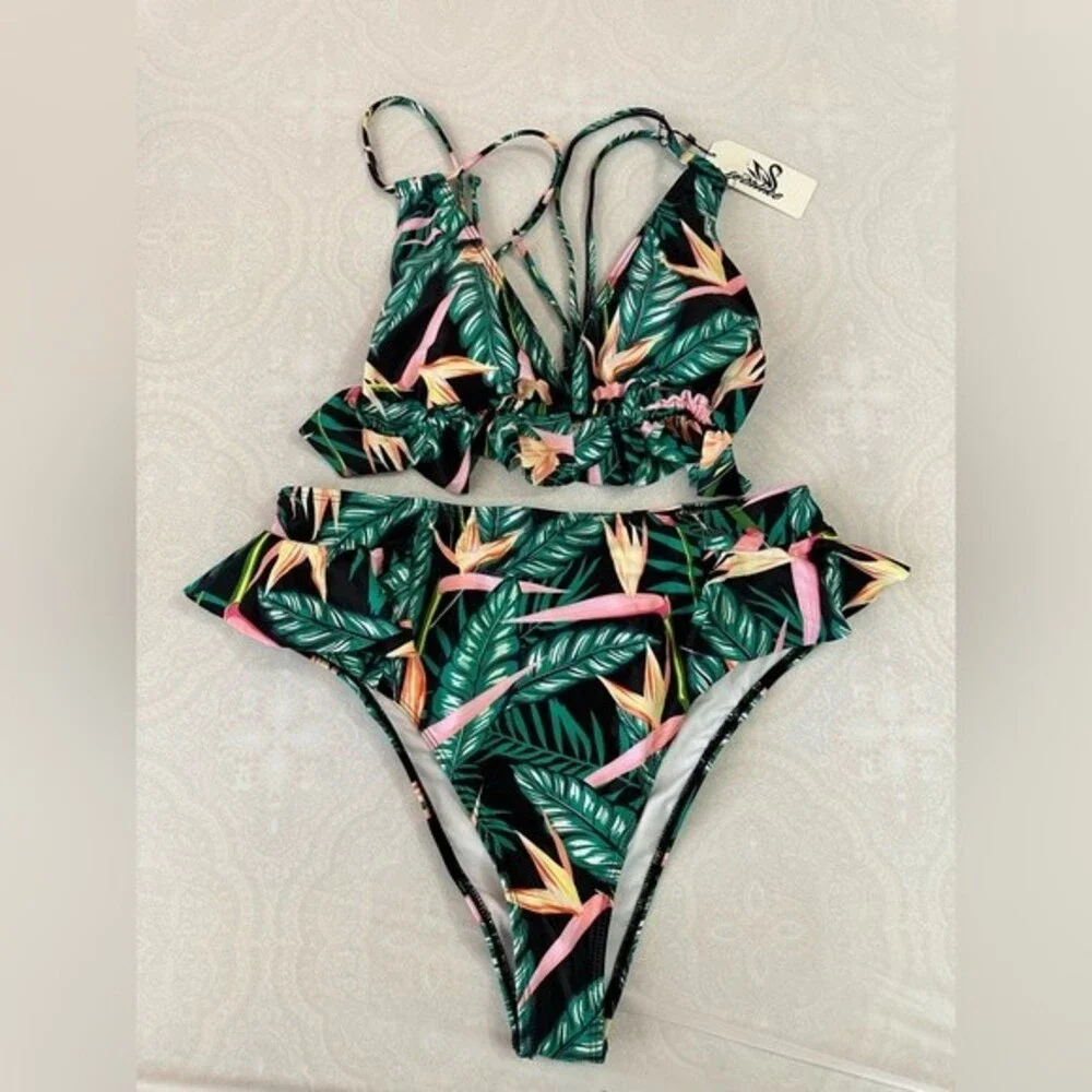 Women High Waisted Swimsuit Ruffle V Neck Bikini Two Pieces Swimwear size XL NWT
